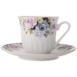 Lynns Millicent Porcelain Tea Cup and Saucer with Gold Trim, Set of 6; Vintage Floral