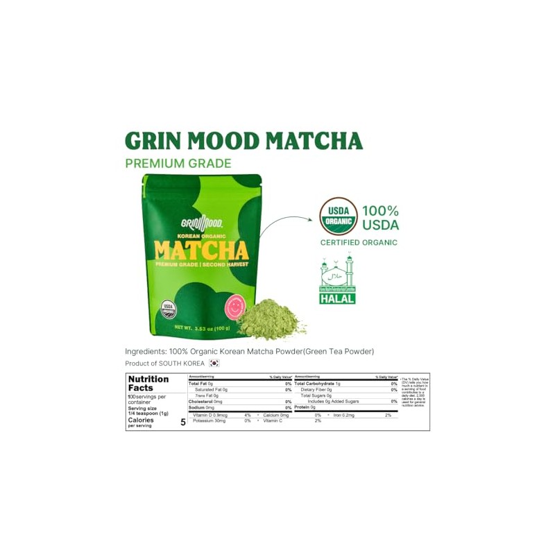GRIN MOOD Té verde Matcha orgánico premium en polvo (100