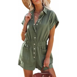 Dokotoo Women's Summer Utility Rompers 2024 Short Cuffed Sleeves Button Down Casual Elegant Elegant One Piece Jumpsuit with Pocket Plus Size,Jungle Green Large
