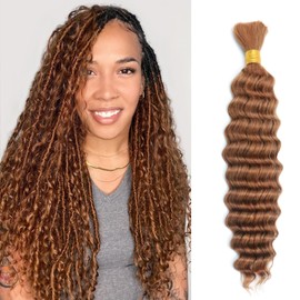 IXIMII #30 Human Hair Braiding Hair 18 inch 100g Light Brown Color Deep Wave Bulks 100% Human Hair No Weft Curly Hair Extensions for Boho Braids