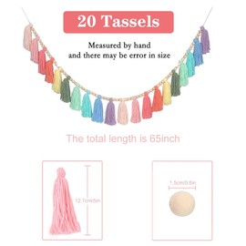 Rainbow Pastel Yarn Wood Bead Tassel Garland Wall Hanging Decor with 20PCS Macaron Tassels, for Spring Classroom, Nursery, Kids Room, Baby Shower, Birthday Party, Back to School, Office Decor