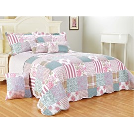 PRIME LINENS Luxury Quilted Patchwork Bedspread Bed Throw 3 Piece Bedding Set Includes Comforter & 2 Pillow Shams Floral Design Coverlet Embroidered (Blossom, Double)