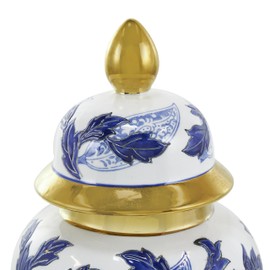 Deco 79 Ceramic Floral Living Room Decorative Jars Decorative Container with Cream and Gold Accents, Jar with Lid 7" x 7" x 14", Blue