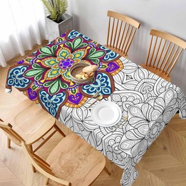 LoLo UoUo Mandala White Colorful Tablecloth 60x84 Inch Doodle Zen Tangle Outdoor Tablecloth Rectangle for Party Picnic Dinner Decor