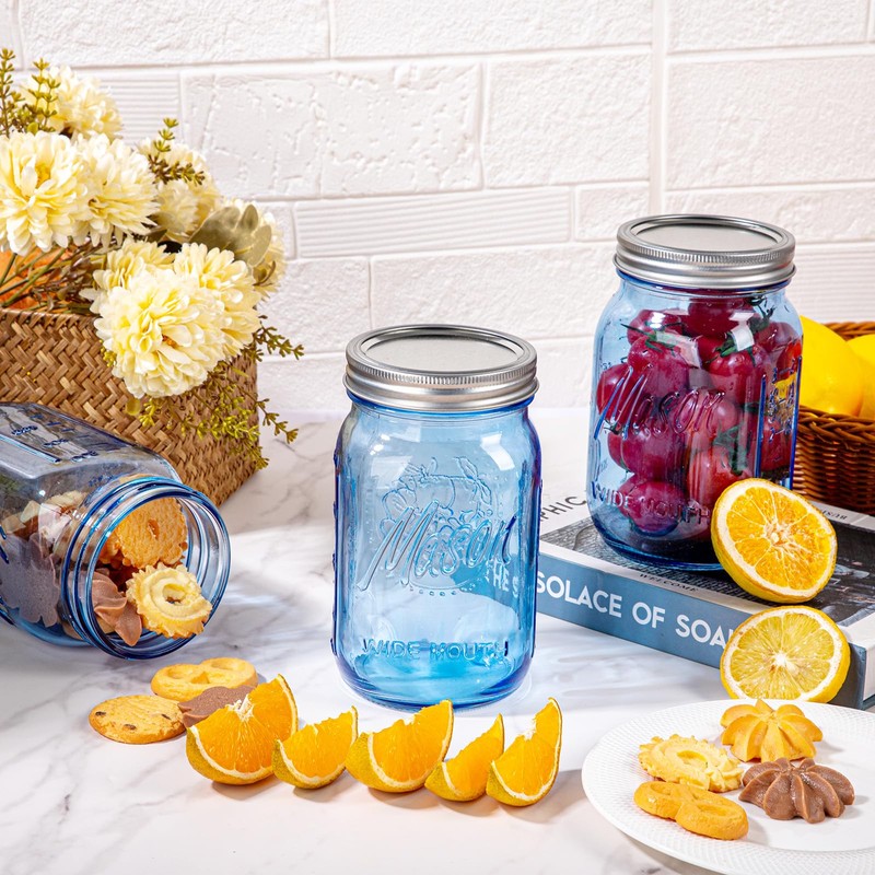 WELLIFE Blue Mason Jars 32 oz, 6 Pack wide mouth