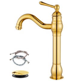 gotonovo Polish Gold Vessel Sink Faucet Bathroom Single Handle Lavatory Vanity Mixer Bar Tap with Pop Up Drain Tall Spout Single Hole Deck Mount
