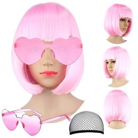 VCAY Bob Wig, 12 Inch Short Bob Cosplay Wig, Heat Resistant Glueless Wig with Adjustable Straps Wigs for Women with Wig Cap and Sunglass