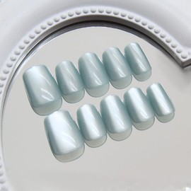 Square Press on Nails Short Cat Eye Fake Nails Blue Acrylic False Nails Glossy Glitter Artificial Nails with Design Solid Color Nails Press ons for Women Manicure Nails Decoration 24Pcs