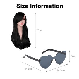 AOMIG Long Wavy Black Wigs for Women, 3 Pack Long Black Wigs Set with Sunglass & Wig Cap, Natural Full Long Curly Anime Cosplay Wig with Bangs, 28 Inch Synthetic Wig for Daily Cosplay Party Use
