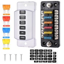 6-Way Fuse Holder, 12 Fuses Blade Fuses, Car Fuse Set with 5A, 10A, 15A, 20A Car Fuse, with Dustproof Cover and DIY Sticker, for DC 12V/24V Car Truck