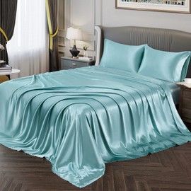 Vonty Satin Sheets Twin XL Silky Soft Satin Bed Sheets Aqua Sheet Set, 1 Deep Pocket Fitted Sheet + 1 Flat Sheet + 1 Pillowcases