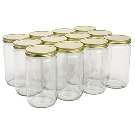 North Mountain Supply 32 Ounce Glass Quart Straight Sided Wide Mouth Canning Jars - with Gold Metal Lids - Case of 12