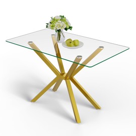 47In Modern Glass Dining Table for 2 3 4 People w/Tempered Glass Tabletop and Adjustable Leg,Rectangular Kitchen Table for Small Spaces Dining Room Living Room,Gold