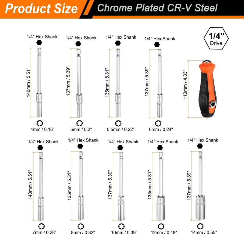 sourcing map 1/4" Metric Power Nut Driver Drill Bit Set