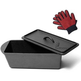 KUHA Cast Iron Bread Loaf Pan with Lid + Heat Resistant Gloves - Pre-Seasoned Cast Iron Bread Pan with Handles - Oven-safe bread pans for homemade bread - Ideal Loaf Pans for Campfire or Home Kitchen