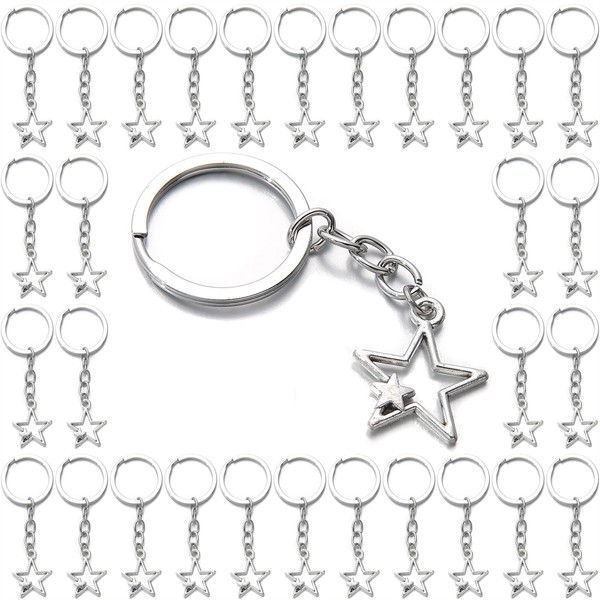 PHAETON 50PCS Silver Star Design Keychain Plated Hollow Double Star