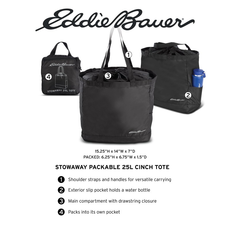 Eddie Bauer Unisex's Stowaway Packable Tote Bag | Lightweight |