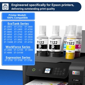Spaceink T522 522 Ink Refill Bottles for Ecotank ET-2720 ET-2800 ET-2803 ET-2840 ET-2400 ET-4700 ET-4800 ET-4810 Printers, High Performance T522 Refill Ink Bottle Ultra-high Capacity (2BK C M Y)