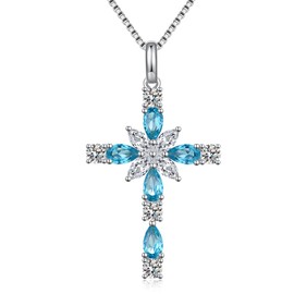 Cross Necklace for Women Diamond CZ Cross Necklace Sterling Silver Cubic Zirconia Birthstone Cross Necklace for Women Cross Jewelry December Birthstone Necklace Sky Blue Cross Jewelry ZDaoBen