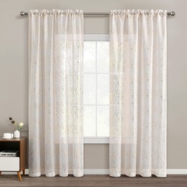 TERLYTEX Gold White Sheer Curtains 45 Inch Length 2 Panels Set, Metallic Golden Foil Spots Design Sparkle Sheer Curtains, Rod Pocket Privacy Cafe Curtains for Kitchen Windows, 52 x 45 Inch, Gold White