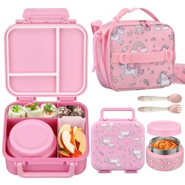 BEAQUEE Kids Lunch Box Set with Bento Box, 9oz Stainless Steel Thermos & Insulated Lunch Bag – Hot & Cold Leakproof Lunch Container with Utensils for School & Travel, Pink Set