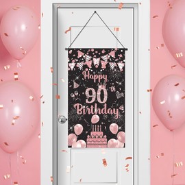 90th Birthday Decorations for Women, Rose Gold 90th Birthday Door Banner Sign 90 Year Old Party Decorations 90th Birthday Hanging Banner for Cheers to 90 Years Front Door Wall Cruise Decor