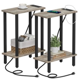 TUTOTAK Small End Table with Charging Station, Narrow Side Table with USB Ports and Outlets, Set of 2, Skinny Sofa Table, Slim Nightstand, Couch Table, Living Room, Bed Room, Greige TB01BG0602