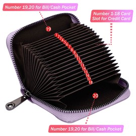 Linno RFID 20 Card Slots Credit Card Holder Genuine Leather Small Card Case for Women or Men Accordion Wallet with Zipper