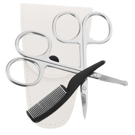 4pcs Stainless Steel Beard and Mustache Scissors Set with Nose Hair Trimmer Precision Pointed and Round Scissors White Leather Comb for Grooming and Detailing