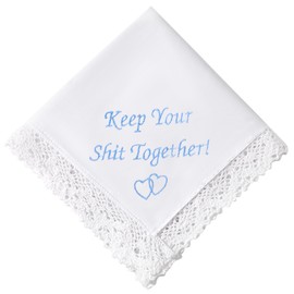 Something Blue Wedding Gift Embroidered Handkerchief for Bride Funny Happy Tears Lace Keepsake Bridal Hankie 12.6”, White & Blue, 12.6" x 12.6"