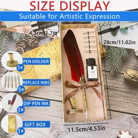MINGYUESKY Antique Feather Pen and Ink Set - Red Feather Quill Pen for Calligraphy Practice, Drawing & Signatures - Designed for Beginners and Calligraphy Enthusiasts (Red)