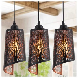 Shining gold Industrial Black Pendant Light Fixture Vintage Mini Black Pendant Lighting with Gold Finish Rustic Hollow-Carved Small Pendant Light for Kitchen Island, Dining Room, Bedroom, 3 Pack
