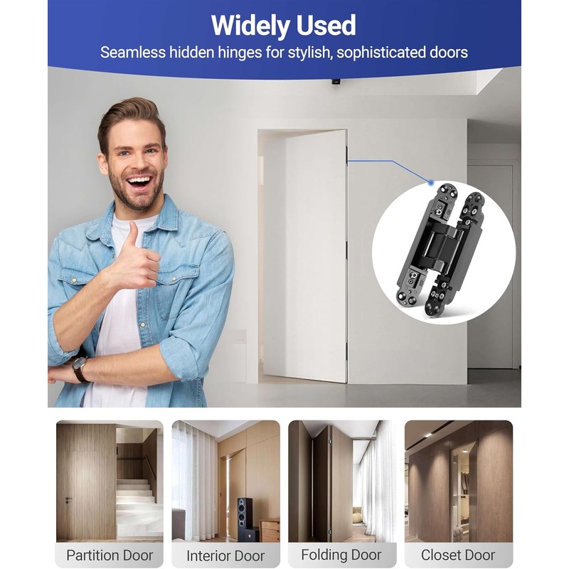 7 Inch Invisible Door Hinges (2 Pack), 3D Adjustable Hidden