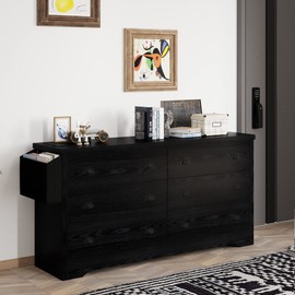 LIKIMIO Dresser for Bedroom 6 Drawer with Charging Station, TV Stand Storage Chest of Drawers for Living Room Hallway Entryway, MDF Board, 47.2 Inches Black