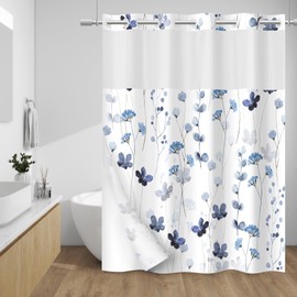 WITHLOC No Hook Shower Curtain with Snap in Liner - Watercolor Floral Shower Curtain - Fabric Waterproof Inner Liner, Plants Blue Flowers White Cloth Shower Curtains - Machine Washable, 71 x 74
