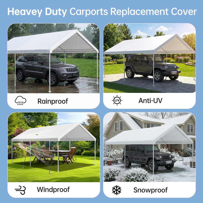 Birodeko Carport Canopy Replacement Cover, 180G Heavy-Duty PE Fabric Garage