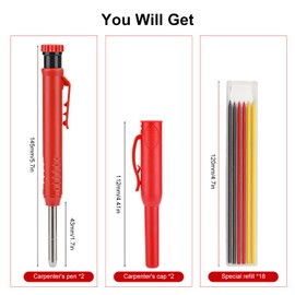 Carpenters Pencil Set with Sharpener – 2 Deep Hole Marker Pencils + 18 Refill Leads (Red Yellow Black) – Construction & Woodworking Tool for Precise Marking
