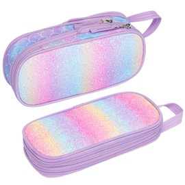 Bagseri Pencil Case for Girls - Expandable Cute Pencil Case for Kids Large Capacity Pencil Pouch Organizer for School Student Office Supplies, Pen Case Only (Purple, Mermaid Scale)