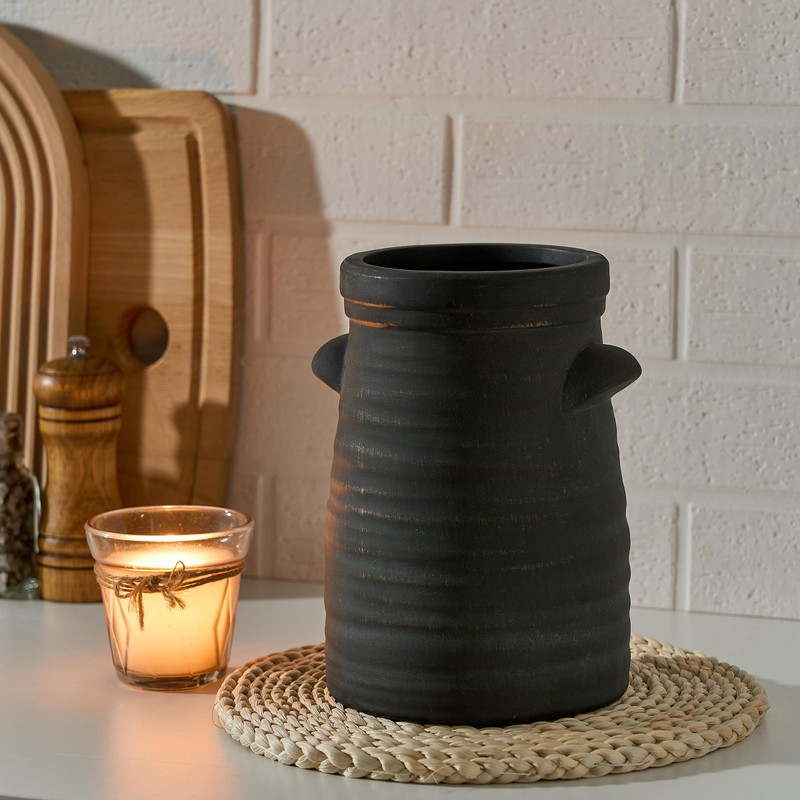 Ceramic Decorative Flower Vase, 7.7 Inch Rustic Distressed Pottery Farmhouse