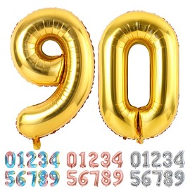 Ponmoo Balloons, Numbers 90, Gold, Giant Number 0, 1, 2, 3, 4, 5, 6, 7, 8, 9, 10–19, 20–29, 30–39, 40, 50, 60, 70, 80, 90, 100, Foil Balloons for Wedding Anniversary, Birthday Party Decoration