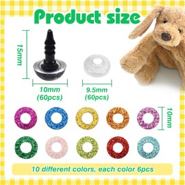 Toaob 60 Pieces Doll Eyes Safety Eyes Glitter 10 mm Plastic Craft Eyes Colourful Button Eyes with Washers for Crochet Animals Doll Puppet Plush Toy Teddy Eyes