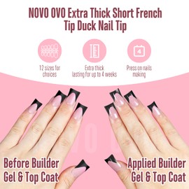 NOVO OVO Black French Tip Short Duck Nail Tips Press on, BERRY PINK Pre-designed Soft Gel Nail Extension, Extra thick Full Cover Matte Vrial False Nails for DIY x 12 Sizes 240 pcs