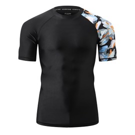 HUGE SPORTS Men's Short-Sleeved Skins Rash Guard Shirt Sun Protection Rash Guard Swimming Shirt Quick Drying Swimming Shirts, Black camouflage, M