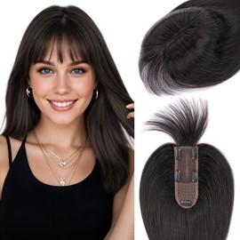 Hairro Human Hair Toppers For Women Wispy Air Bangs 3D Cover Remy Top Hair Pieces Clip On Wiglet Hair Extensions Handmade Toupee Hairpiece 10 Inch 36g #1B Natural Black