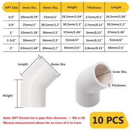 10pcs 3/4" 45 Degree PVC Elbow Pipe Fitting Connector (Socket x Socket),Pipe Fittings for Industrial Piping, Drainage Systems, and DIY Framing Projects