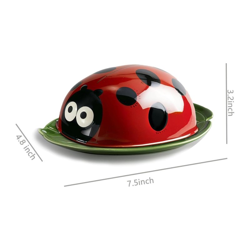 Colias Wing Green Leaf Shaped Ceramic Butter Dish with Ladybug