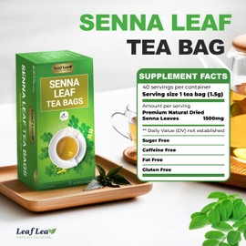 LeafLea 80 Senna Leaf Tea Bags – Natural Herbal Laxative Tea, Supports Gentle Constipation Relief & Healthy Digestion, Caffeine-Free, Sugar-Free, No Gluten, Non-GMO, Vegan, Individually Wrapped