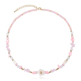 Pink Flower Pendant Beaded Choker Necklace for Women Bohemian Crystal Natural Chip Stone Necklace Delicate Small Flower Charm Adjustable Statement Necklace Spring Summer Vacation Party Jewelry Gift