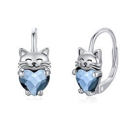 Cat Earrings in Silver 925 Stud Earrings with Birthstone, Girls’ Cat Stud Crystal Jewellery, Cats Gifts for Children, Women, Silver, Crystal
