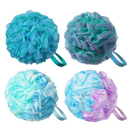 flintronic 4 Pack Loofah Shower Puff, 75g Large Bath Sponge, Soft Shower Pouf, Bath Loofah Men & Women, for Cleaning Body & Exfoliating Scrubber